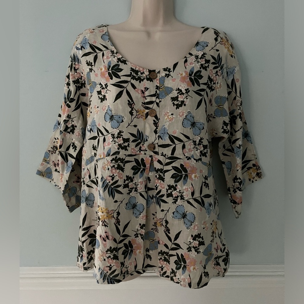 Lauren Blanchi Italian linen blouse floral cottagecore boho Lagenlook Coastal S